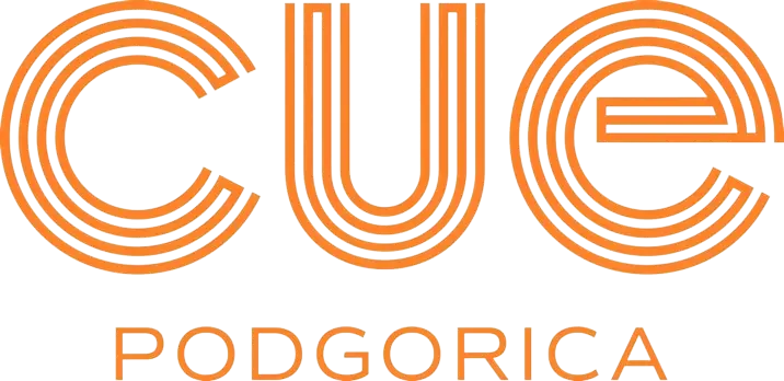 Cue Podgorica logo in orange with stylized 'CUE' text and 'PODGORICA' written below.