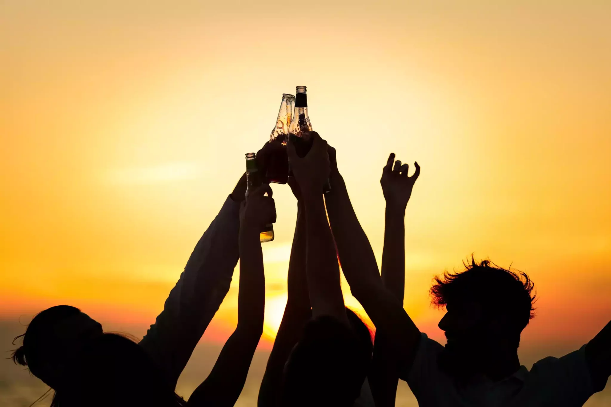 people making a toast at the beach at sunset