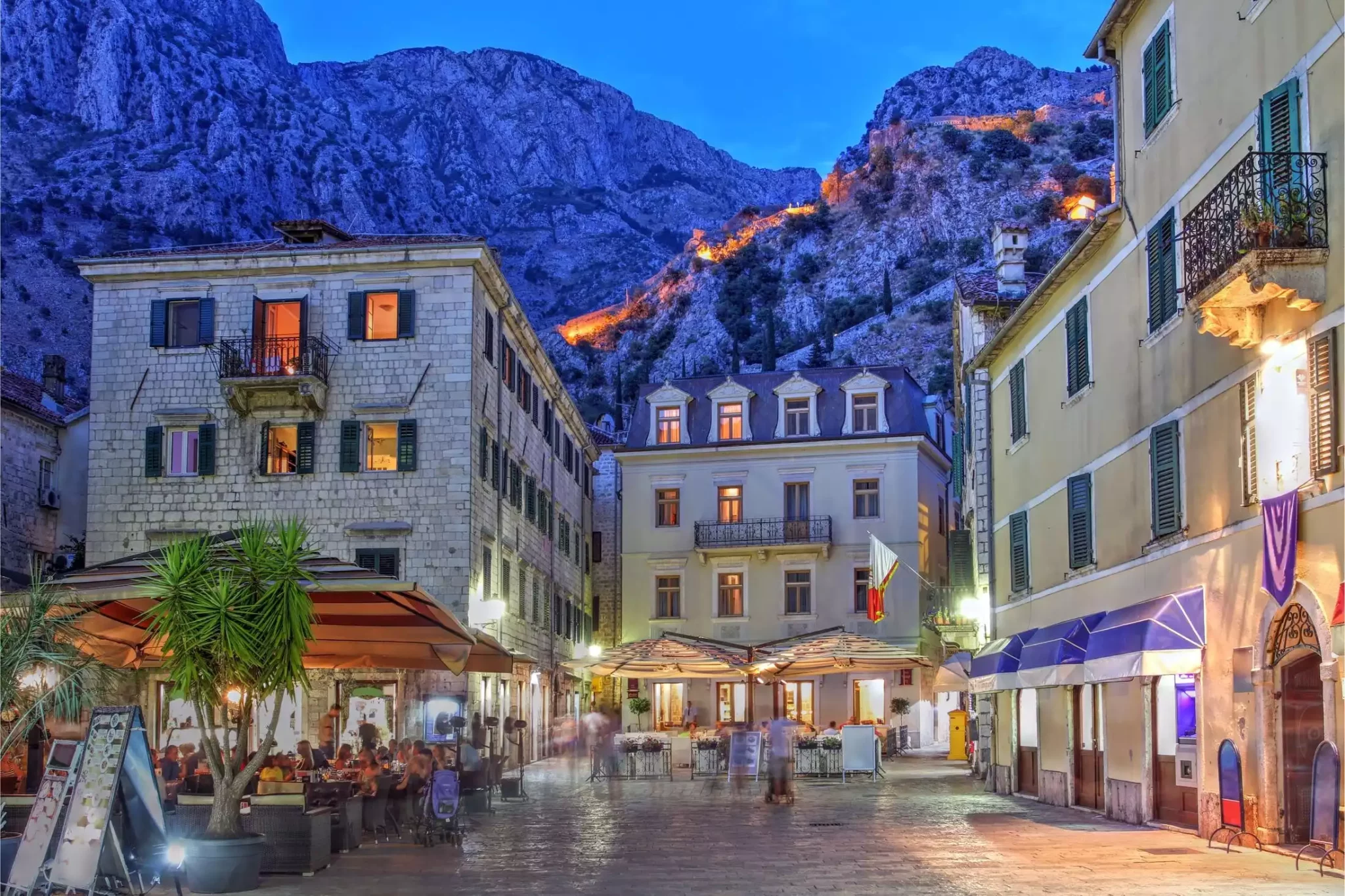 Kotor streets overlooking the old city walls at night