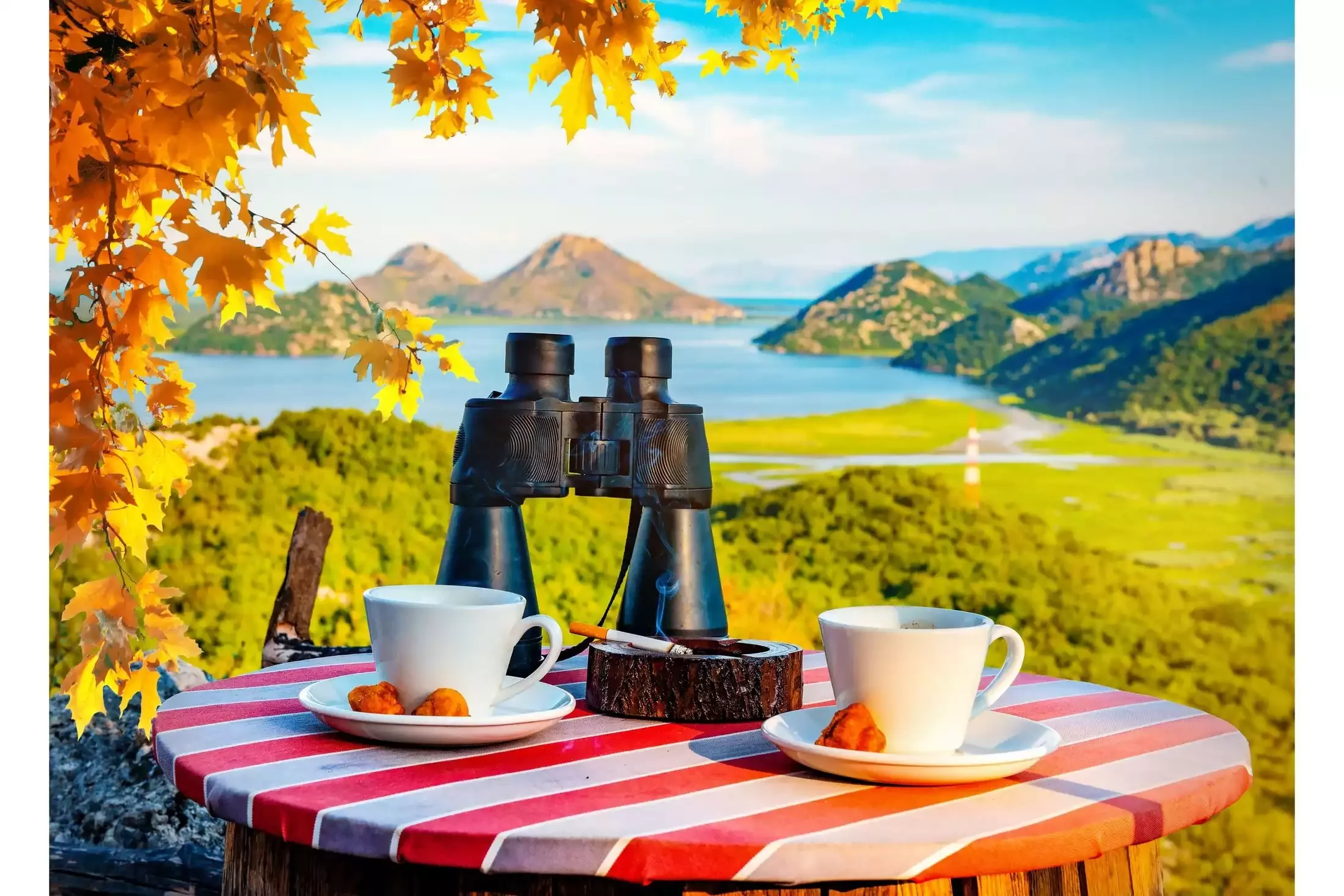 Binoculars on a table overlooking Skadar Lake