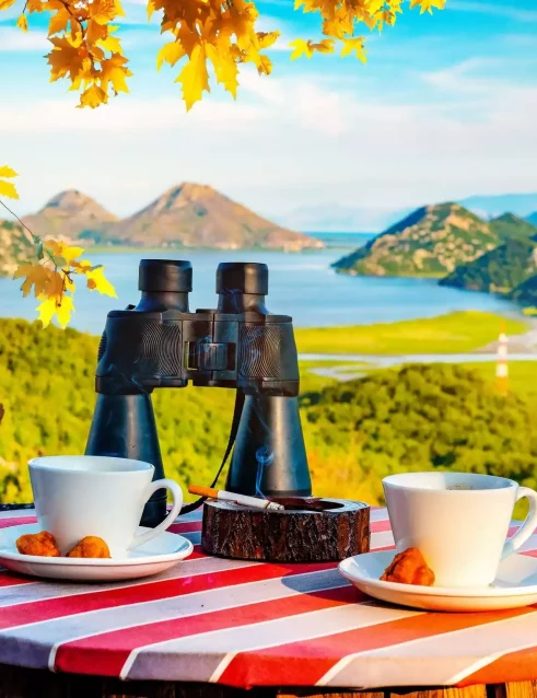 Binoculars on a table overlooking Skadar Lake