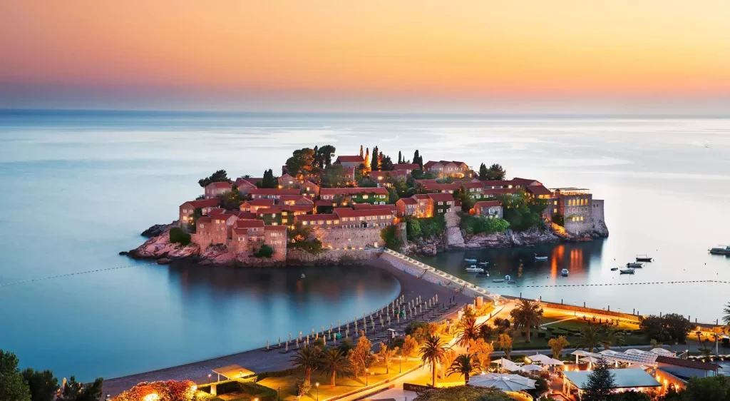 Evening at the Sveti Stefan island on the Montenegrin coast