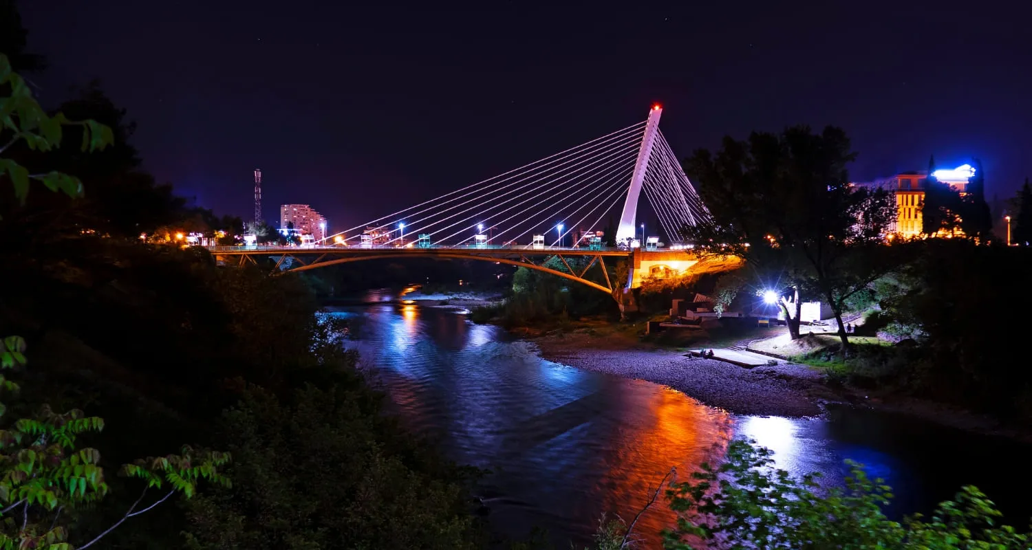 Illuminated Millennium Bridge in Montenegro during the night.