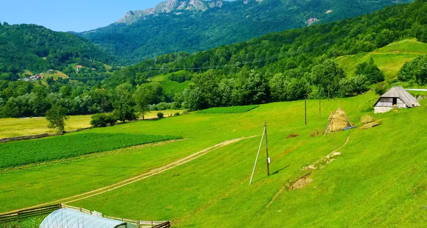 Scenic landscape of Kolašin, Montenegro, with green fields, mountains, and traditional huts