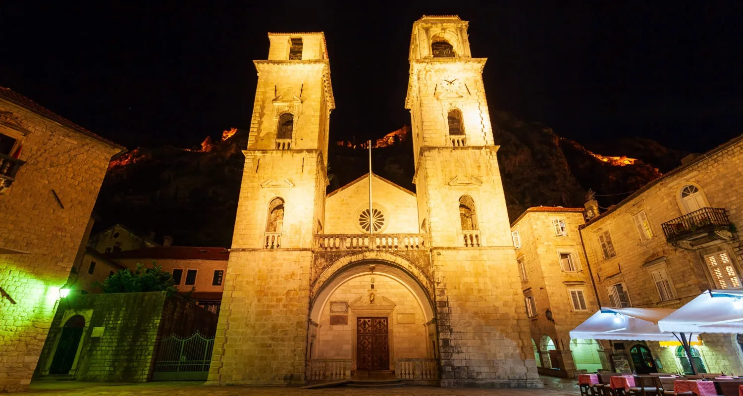 St. Tryphon Cathedral in Kotor illuminated during nighttime